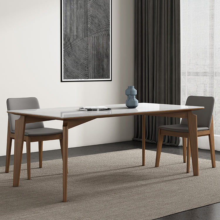 Mid-Century Modern Rectangle Dining Table White Sintered Stone Table with 4 Ash Solid Wood Legs