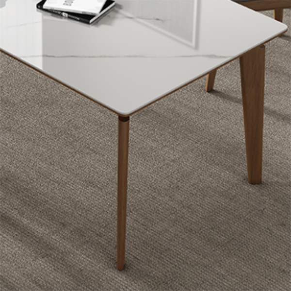 Mid-Century Modern Rectangle Dining Table White Sintered Stone Table with 4 Ash Solid Wood Legs