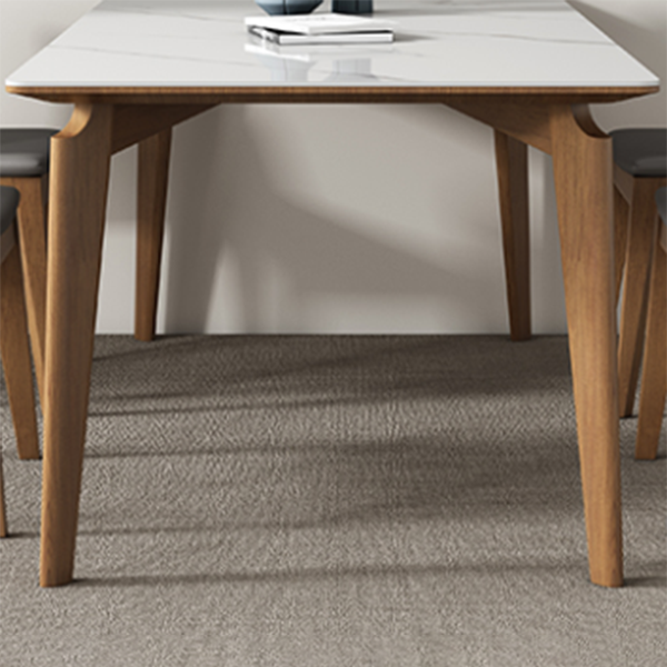 Mid-Century Modern Rectangle Dining Table White Sintered Stone Table with 4 Ash Solid Wood Legs