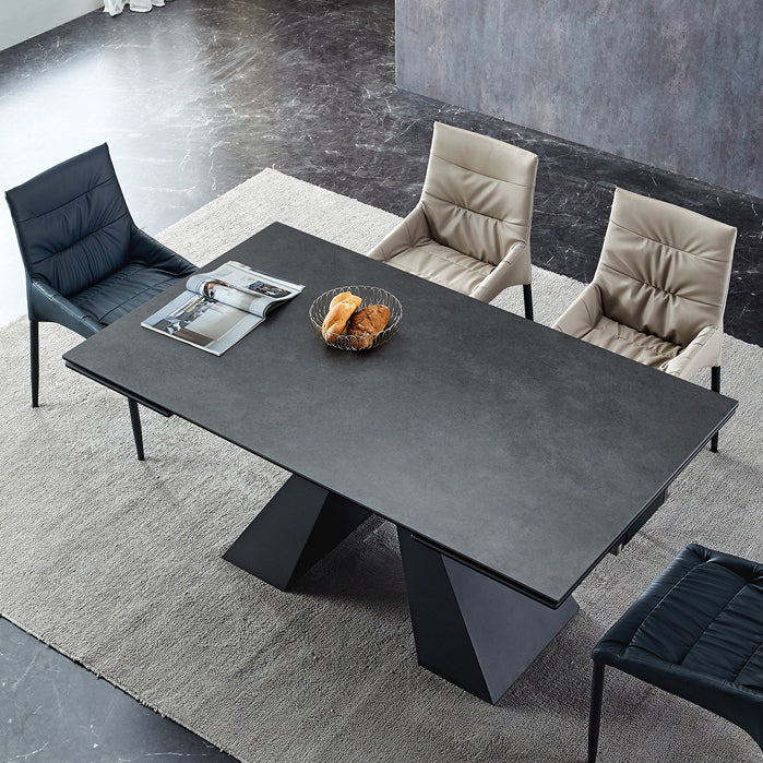 Industrial Sintered Stone Dining Table Rectangle Black Table with Pedestal Base
