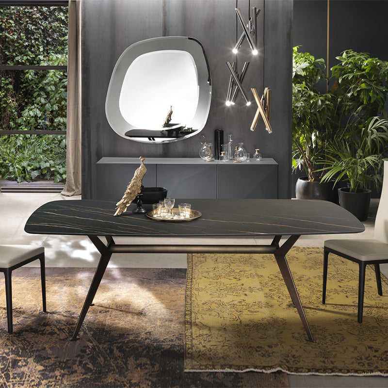 Industrial Sintered Stone Dining Table Rectangle Black Top Table with Metal Base