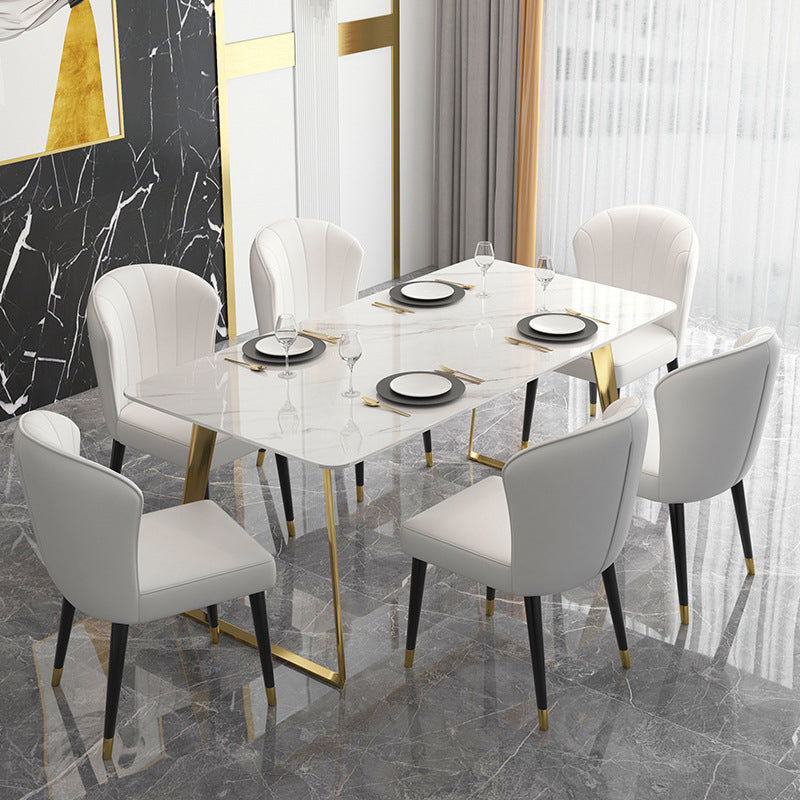 Traditional Luxury Rectangle Dining Table White Sintered Stone Table with Gold Double Pedestal
