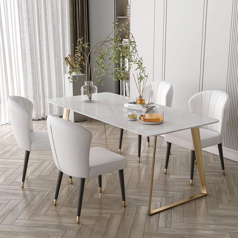 Traditional Luxury Rectangle Dining Table White Sintered Stone Table with Gold Double Pedestal