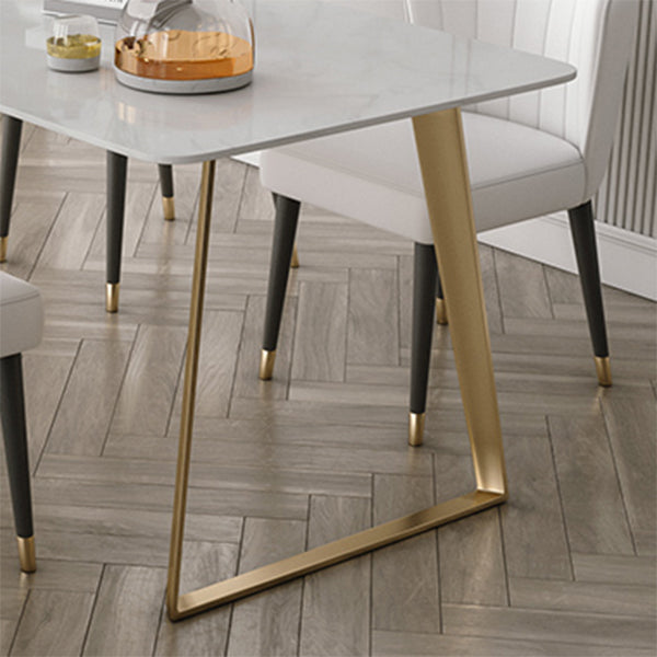 Traditional Luxury Rectangle Dining Table White Sintered Stone Table with Gold Double Pedestal
