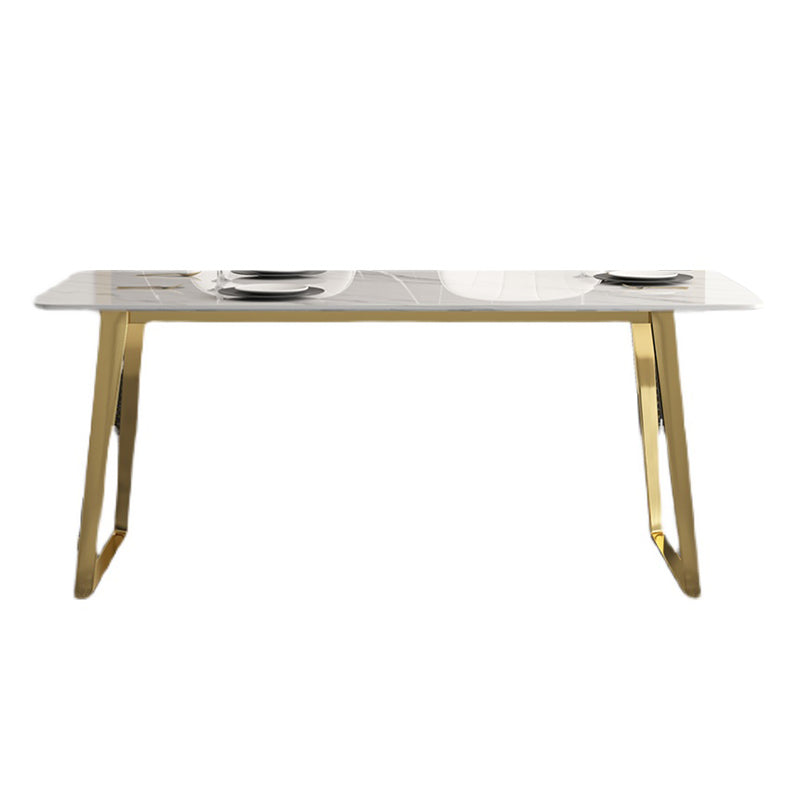 Traditional Luxury Rectangle Dining Table White Sintered Stone Table with Gold Double Pedestal