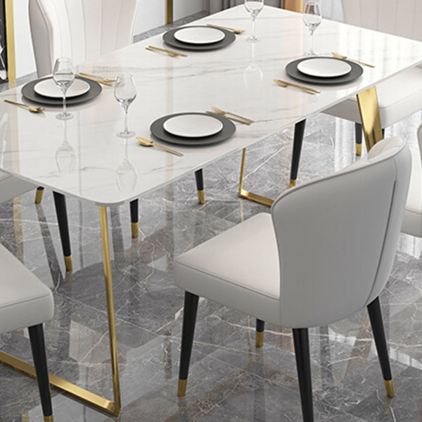 Traditional Luxury Rectangle Dining Table White Sintered Stone Table with Gold Double Pedestal
