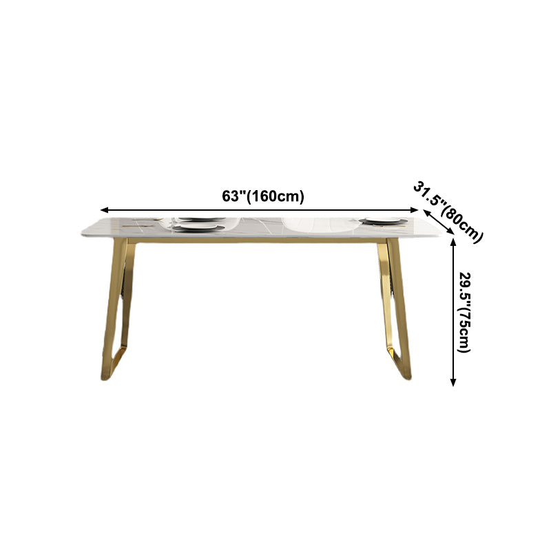 Traditional Luxury Rectangle Dining Table White Sintered Stone Table with Gold Double Pedestal