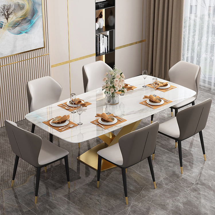 Traditional Luxury Rectangle Dining Table Sintered Stone Table with Gold Pedestal Base