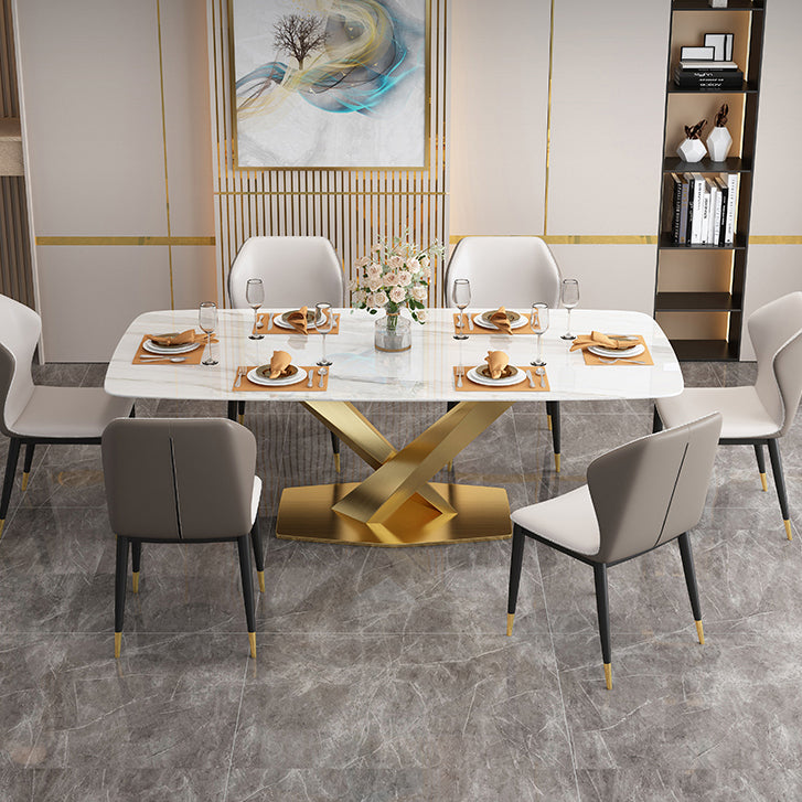 Traditional Luxury Rectangle Dining Table Sintered Stone Table with Gold Pedestal Base