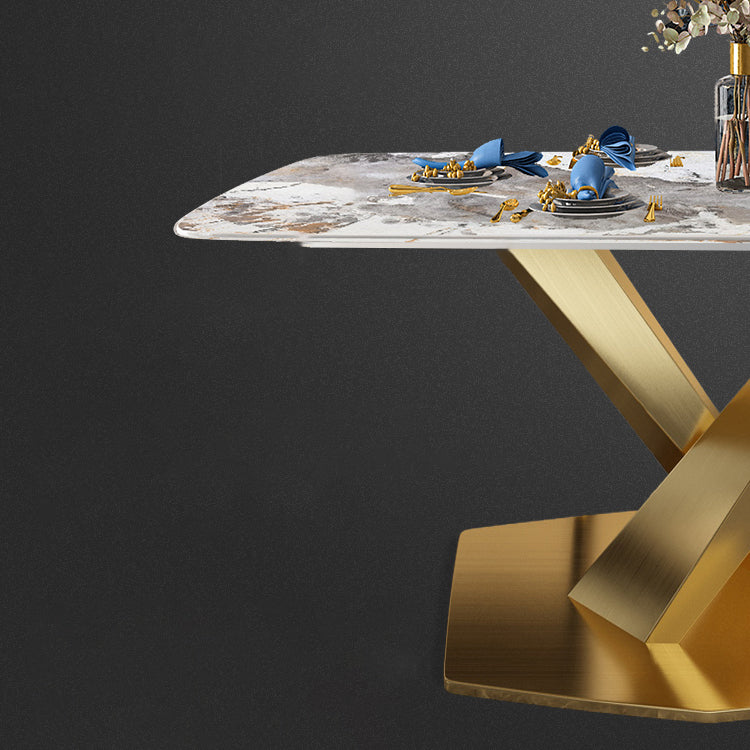 Traditional Luxury Rectangle Dining Table Sintered Stone Table with Gold Pedestal Base