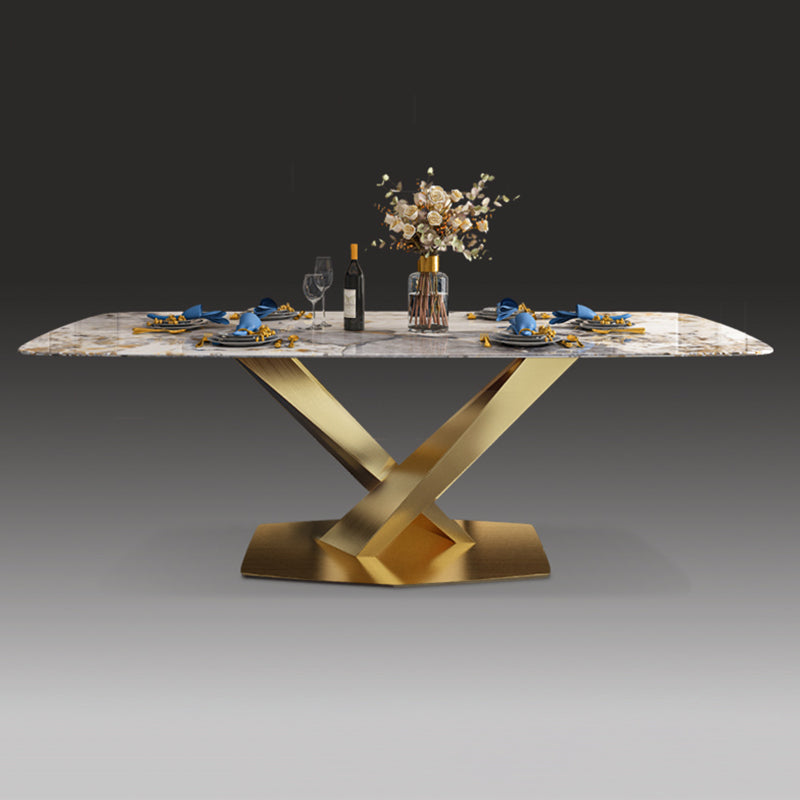 Traditional Luxury Rectangle Dining Table Sintered Stone Table with Gold Pedestal Base
