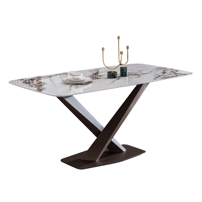 Mesa de rectángulo de lujo tradicional de metal mesa de piedra sinterizada blanca con base de pedestal