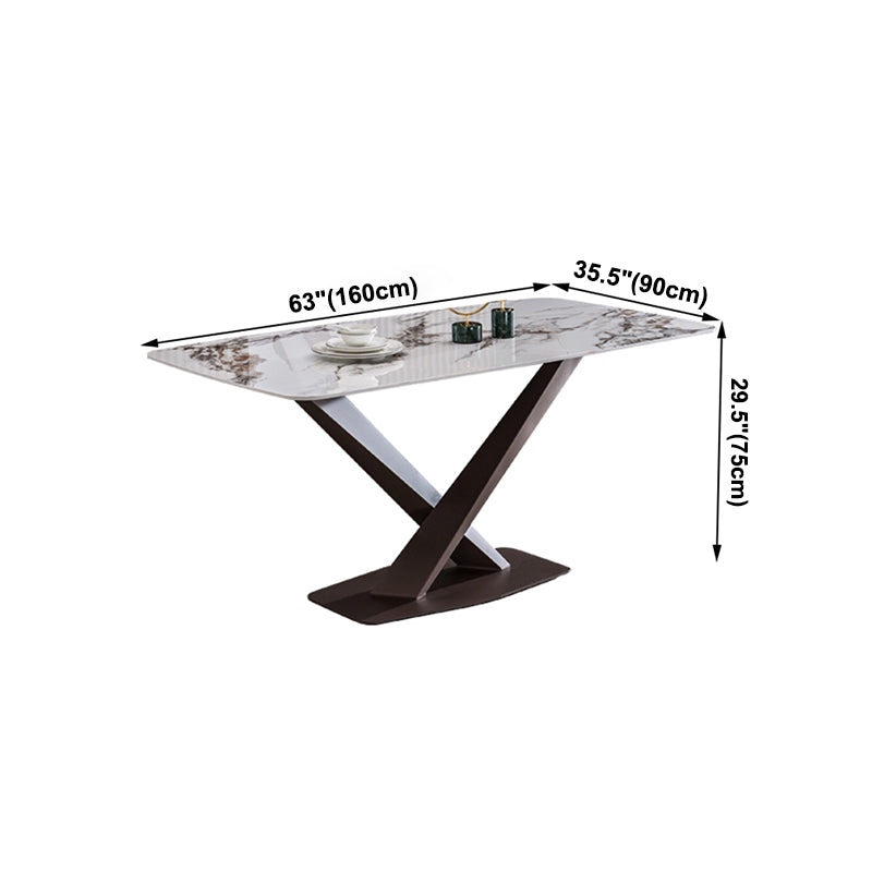 Mesa de rectángulo de lujo tradicional de metal mesa de piedra sinterizada blanca con base de pedestal