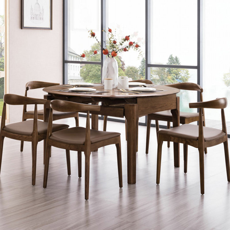 Modern Style Brown Dining Table Round Solid Wood Dining Table with 4 Legs