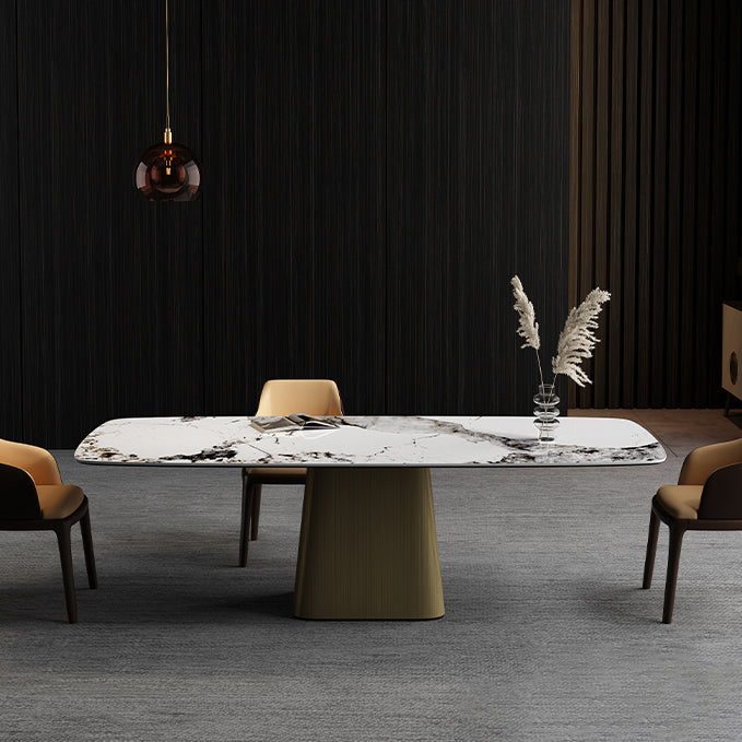Metal Traditional Luxury Rectangle Table High Gloss White Sintered Stone Table with Pedestal Base