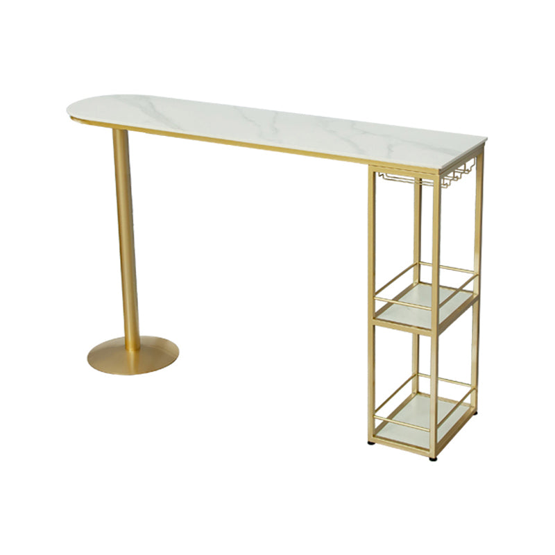 Glam White Stone Bar Dining Table Gold Iron Double Pedestal Bistro Table with Shelve