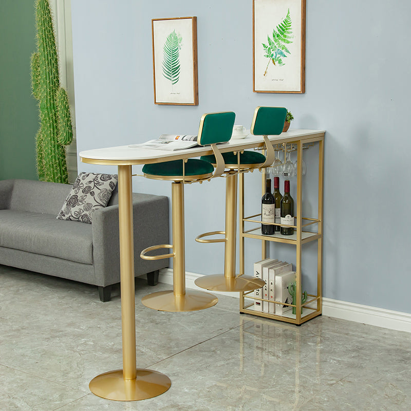 Glam White Stone Bar Dining Table Gold Iron Double Pedestal Bistro Table with Shelve
