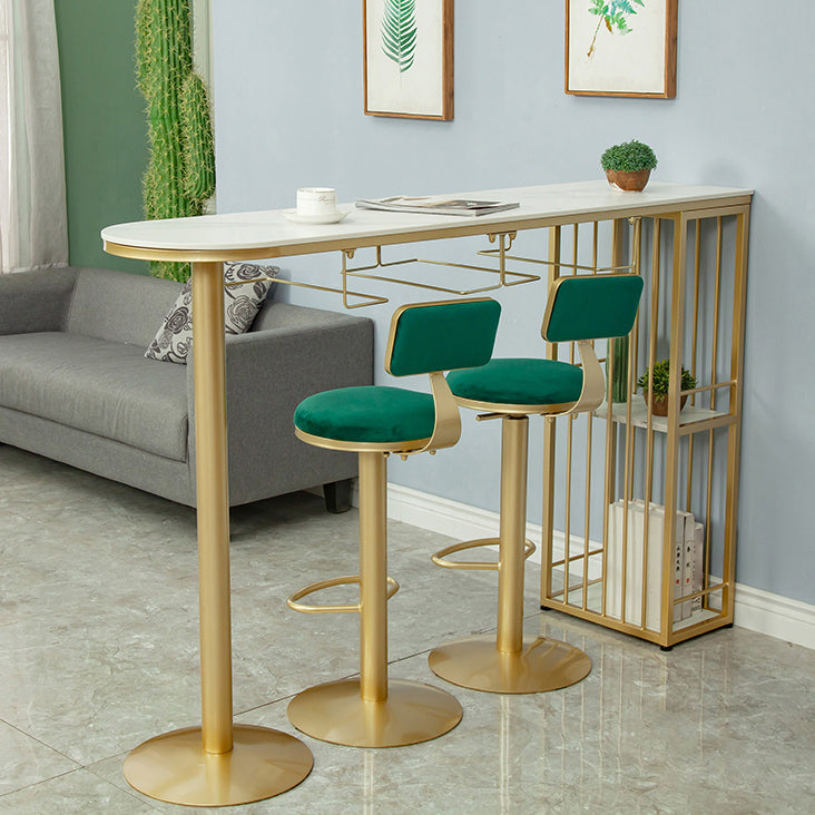 Glam White Stone Bar Dining Table Gold Iron Double Pedestal Bistro Table with Shelve