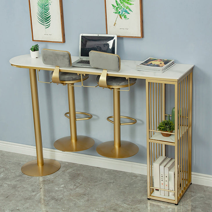 Glam White Stone Bar Dining Table Gold Iron Double Pedestal Bistro Table with Shelve
