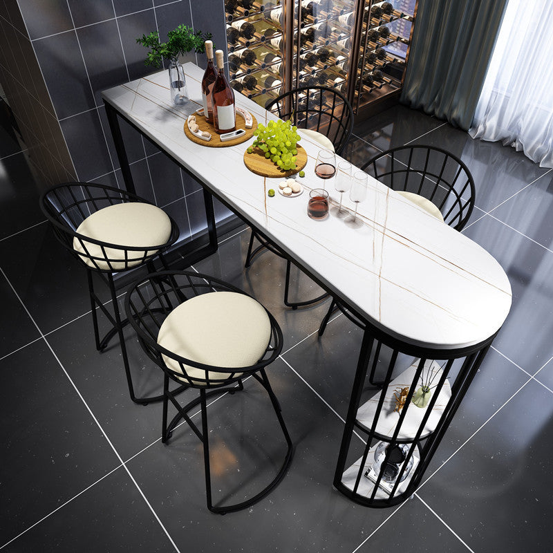 Stone Indoor Industrial Bar Dining Table Black Double Pedestal Bistro Table with Shelve