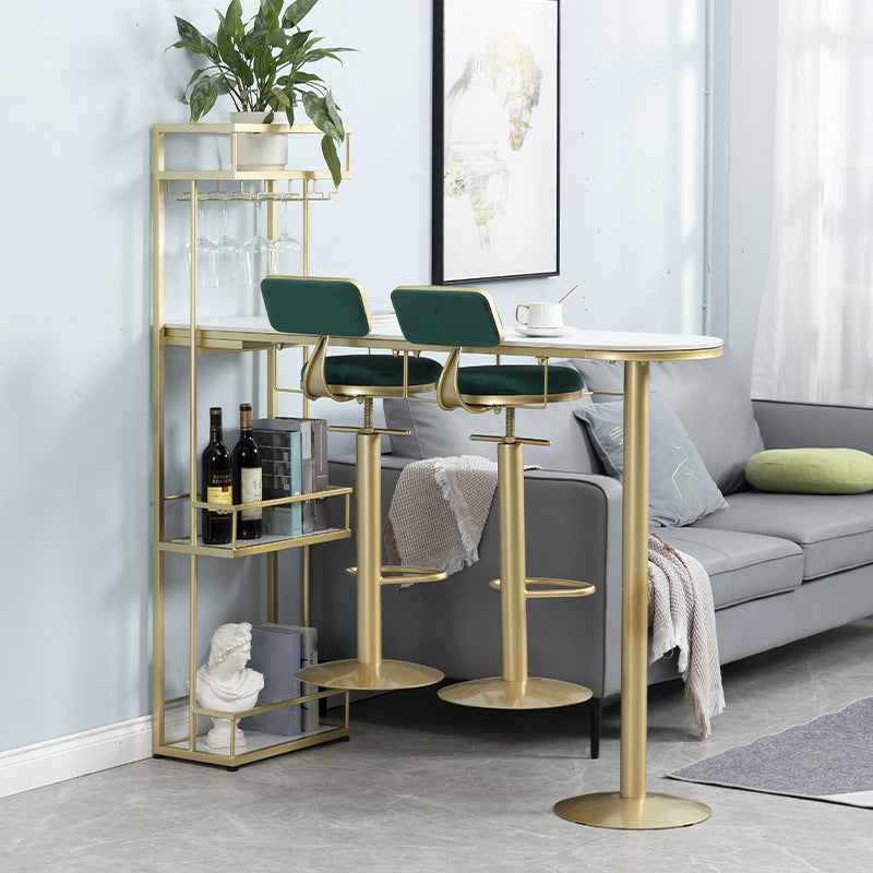 White Stone Indoor Glam Bar Dining Table Iron Double Pedestal Bistro Table with Wine Rack