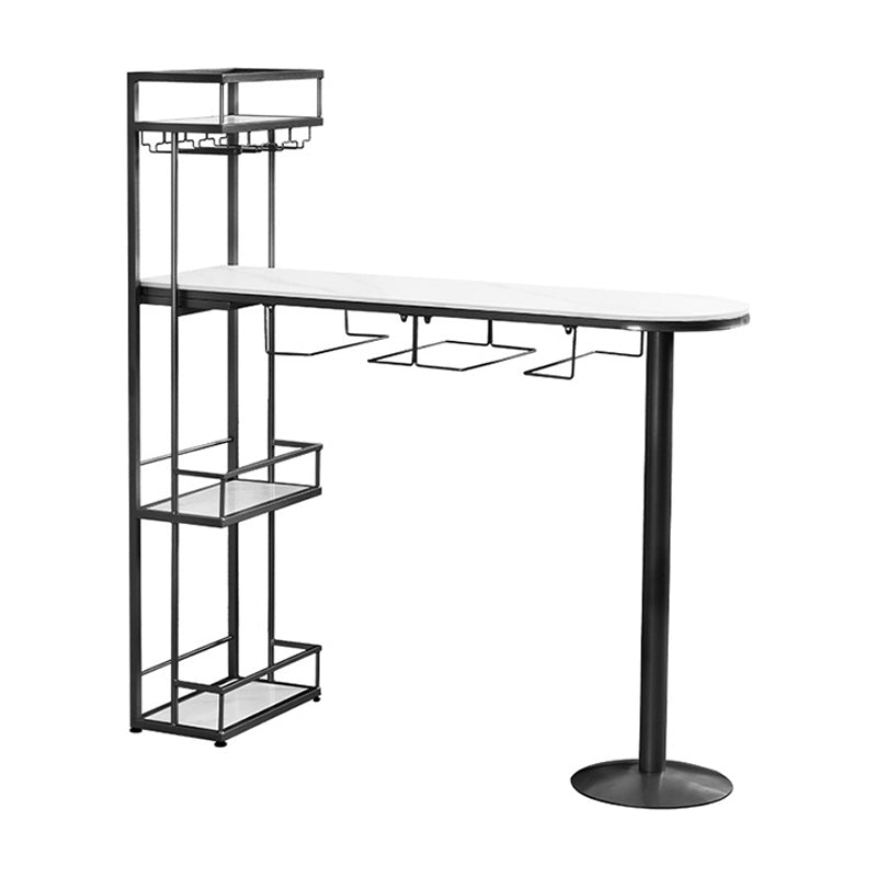 White Stone Indoor Glam Bar Dining Table Iron Double Pedestal Bistro Table with Wine Rack