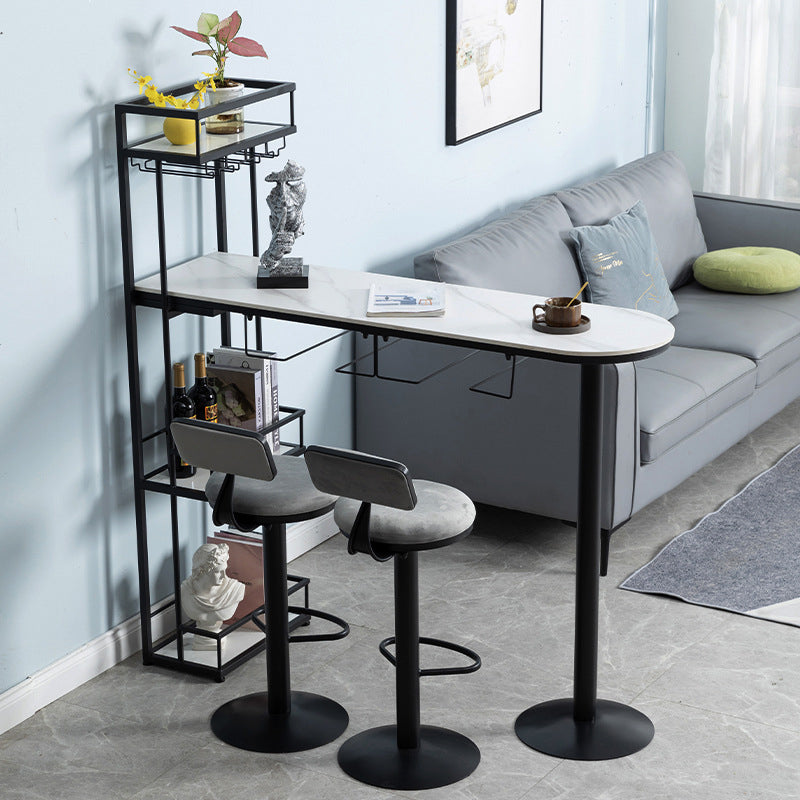White Stone Indoor Glam Bar Dining Table Iron Double Pedestal Bistro Table with Wine Rack
