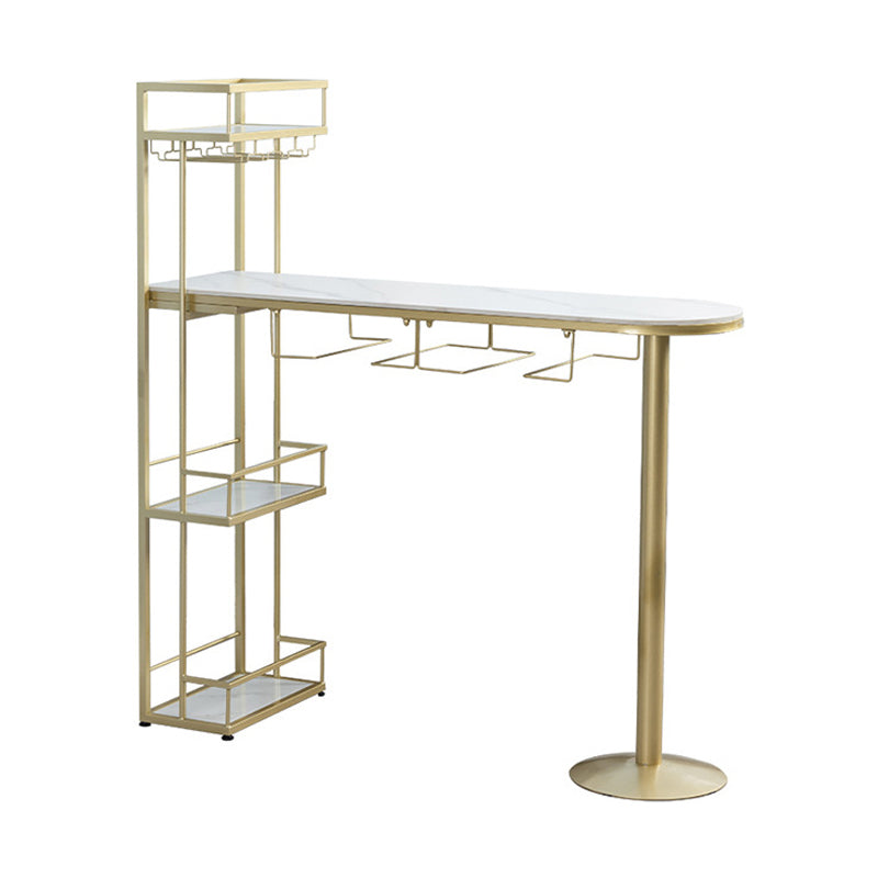 White Stone Indoor Glam Bar Dining Table Iron Double Pedestal Bistro Table with Wine Rack