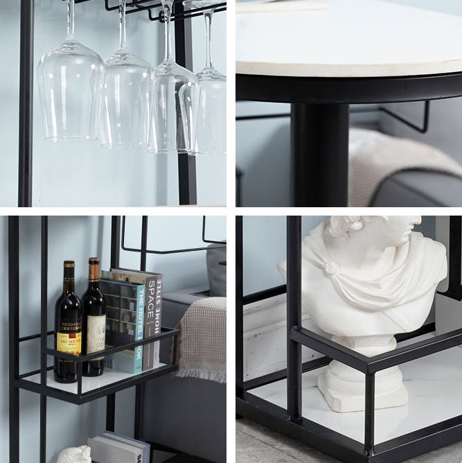 White Stone Indoor Glam Bar Dining Table Iron Double Pedestal Bistro Table with Wine Rack