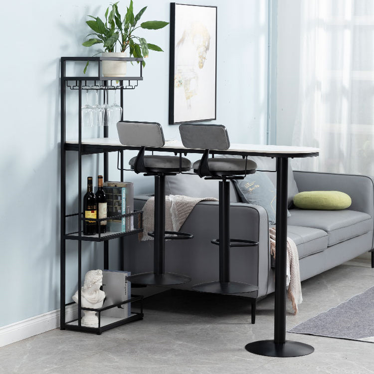 White Stone Indoor Glam Bar Dining Table Iron Double Pedestal Bistro Table with Wine Rack