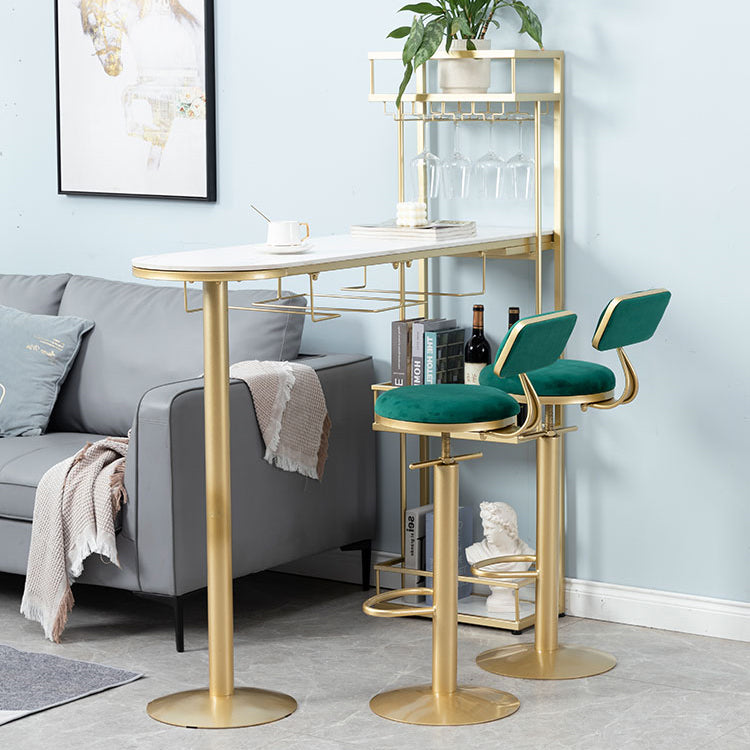 White Stone Indoor Glam Bar Dining Table Iron Double Pedestal Bistro Table with Wine Rack