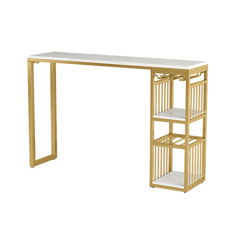 Glam White Marble Bar Dining Table Iron Double Pedestal Bistro Table with Shelve