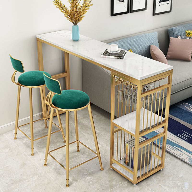 Glam White Marble Bar Dining Table Iron Double Pedestal Bistro Table with Shelve