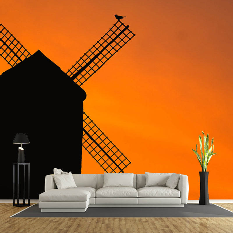Bright Color Mural Wallpaper Small Town Windmill Mildew Resistant Wall Decor