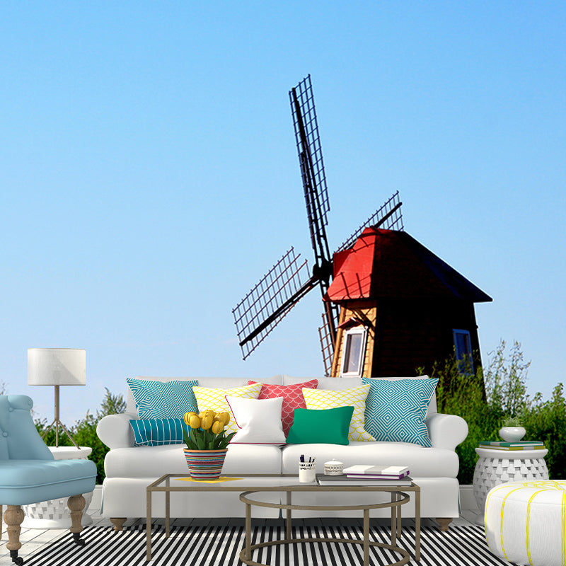 Bright Color Mural Wallpaper Small Town Windmill Mildew Resistant Wall Decor