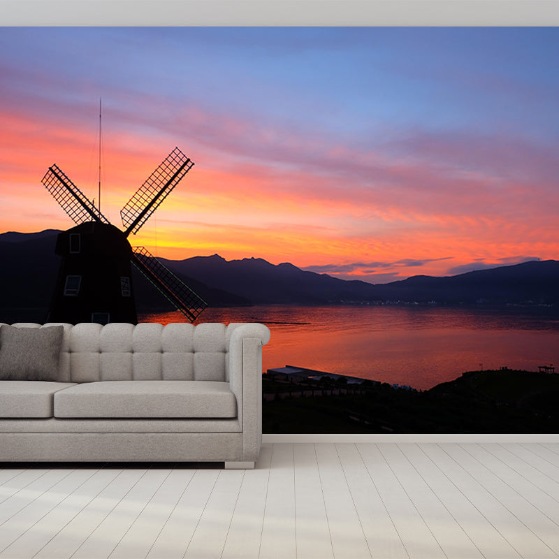 Bedroom Wall Mural Wallpaper Small Town Windmill Mildew Resistant Wall Decor