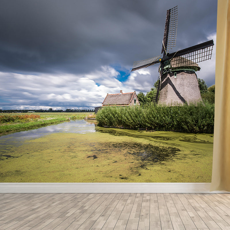 Bedroom Wall Mural Wallpaper Small Town Windmill Mildew Resistant Wall Decor