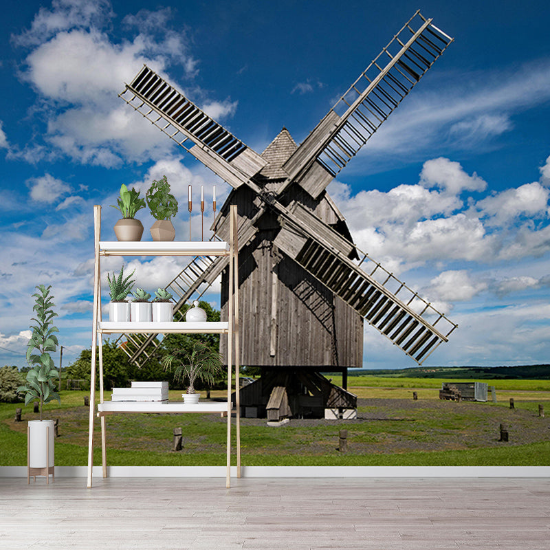 Bedroom Wall Mural Wallpaper Small Town Windmill Mildew Resistant Wall Decor