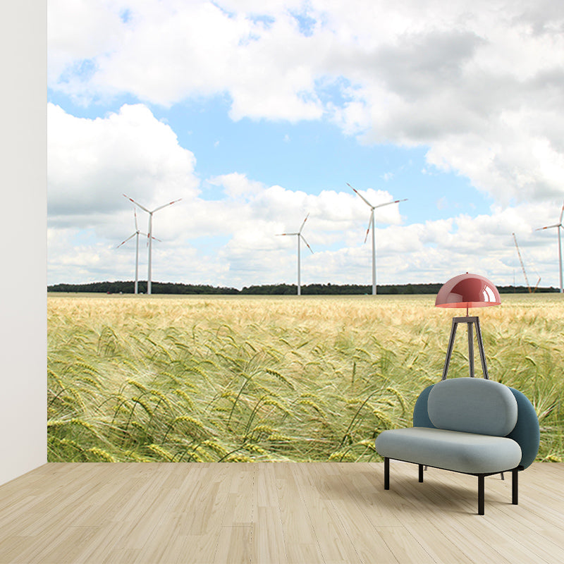 Customized Windmill Mural Wallpaper Small Town Mildew Resistant Wall Decor