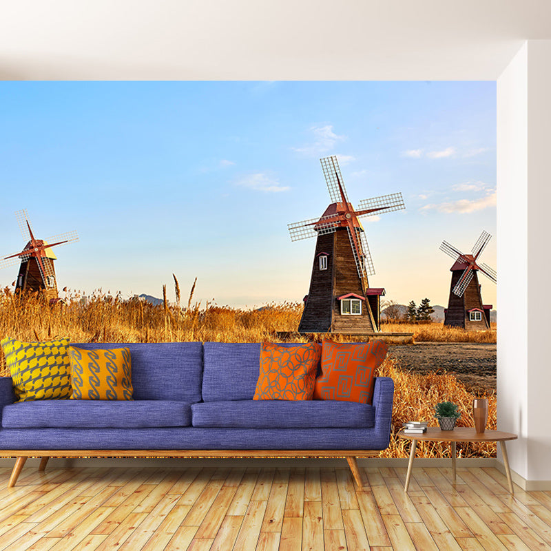 Room Wall Mural Wallpaper Small Town Windmill Mildew Resistant Wall Decor