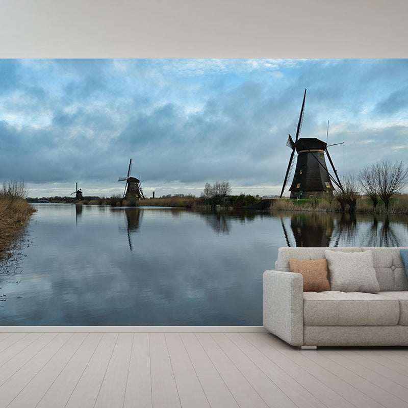 Living Room Wall Mural Wallpaper Small Town Windmill Mildew Resistant Wall Decor