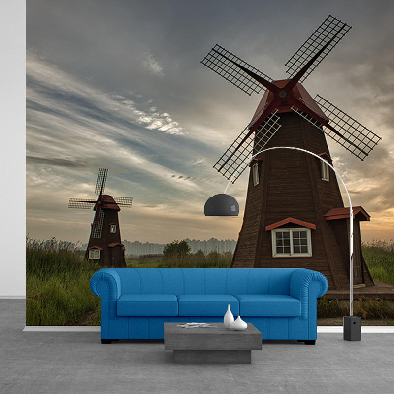 Living Room Wall Mural Wallpaper Small Town Windmill Mildew Resistant Wall Decor