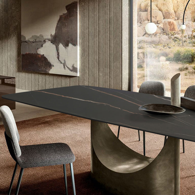Metal Traditional Luxury Rectangle Dining Table Black Sintered Stone Indoor Table with Pedestal