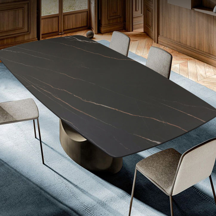 Metal Traditional Luxury Rectangle Dining Table Black Sintered Stone Indoor Table with Pedestal