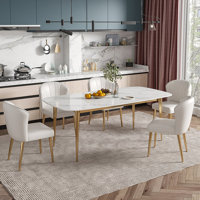Luxury Sintered Stone Dining Table Rectangle Table with Metal Base and 4 Legs in Gold
