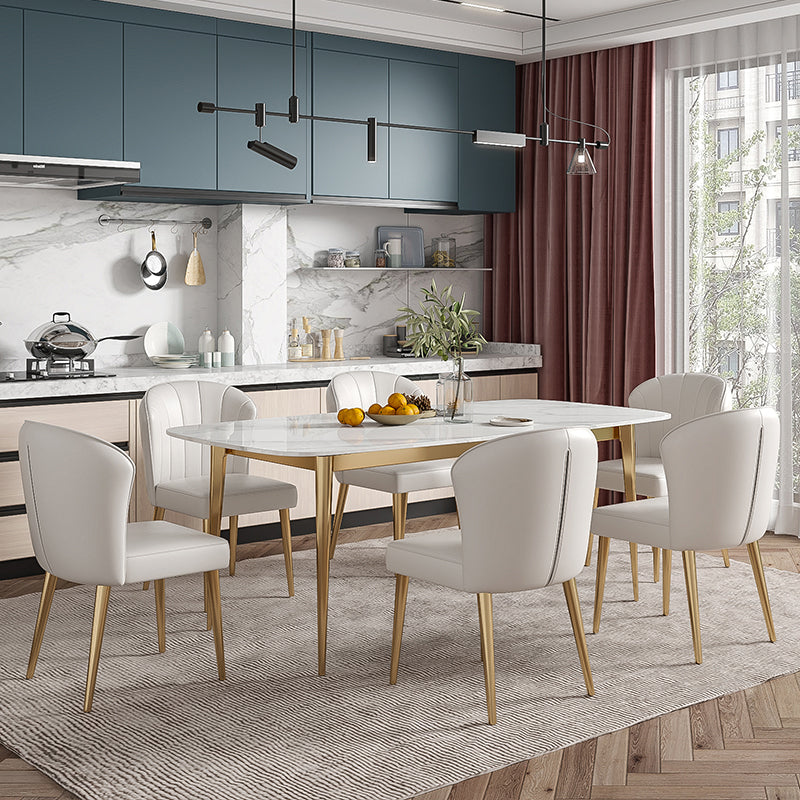 Luxury Sintered Stone Dining Table Rectangle Table with Metal Base and 4 Legs in Gold