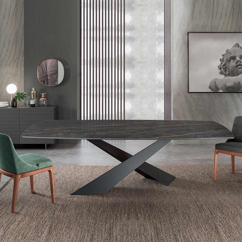 Metal Traditional Luxury Rectangle Table Black Sintered Stone Table with Pedestal Base