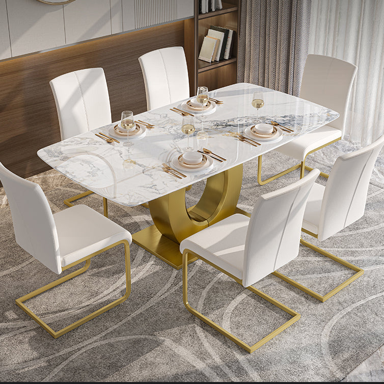 Luxury Sintered Stone Dining Table Rectangle White Table with Metal Pedestal in Gold