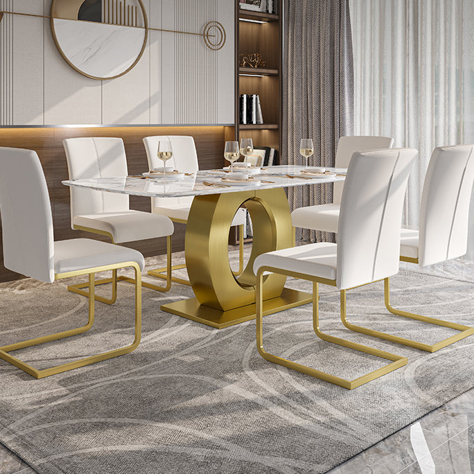 Luxury Sintered Stone Dining Table Rectangle White Table with Metal Pedestal in Gold
