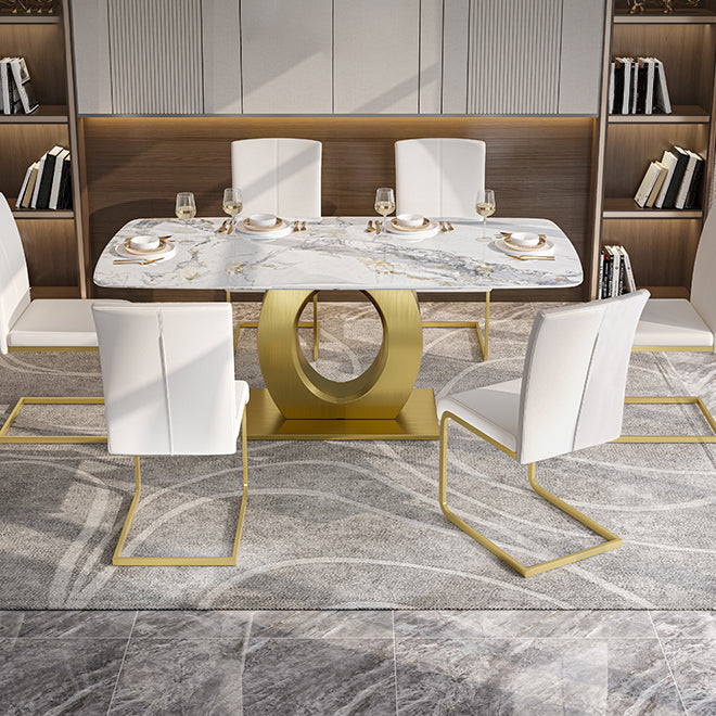 Luxury Sintered Stone Dining Table Rectangle White Table with Metal Pedestal in Gold